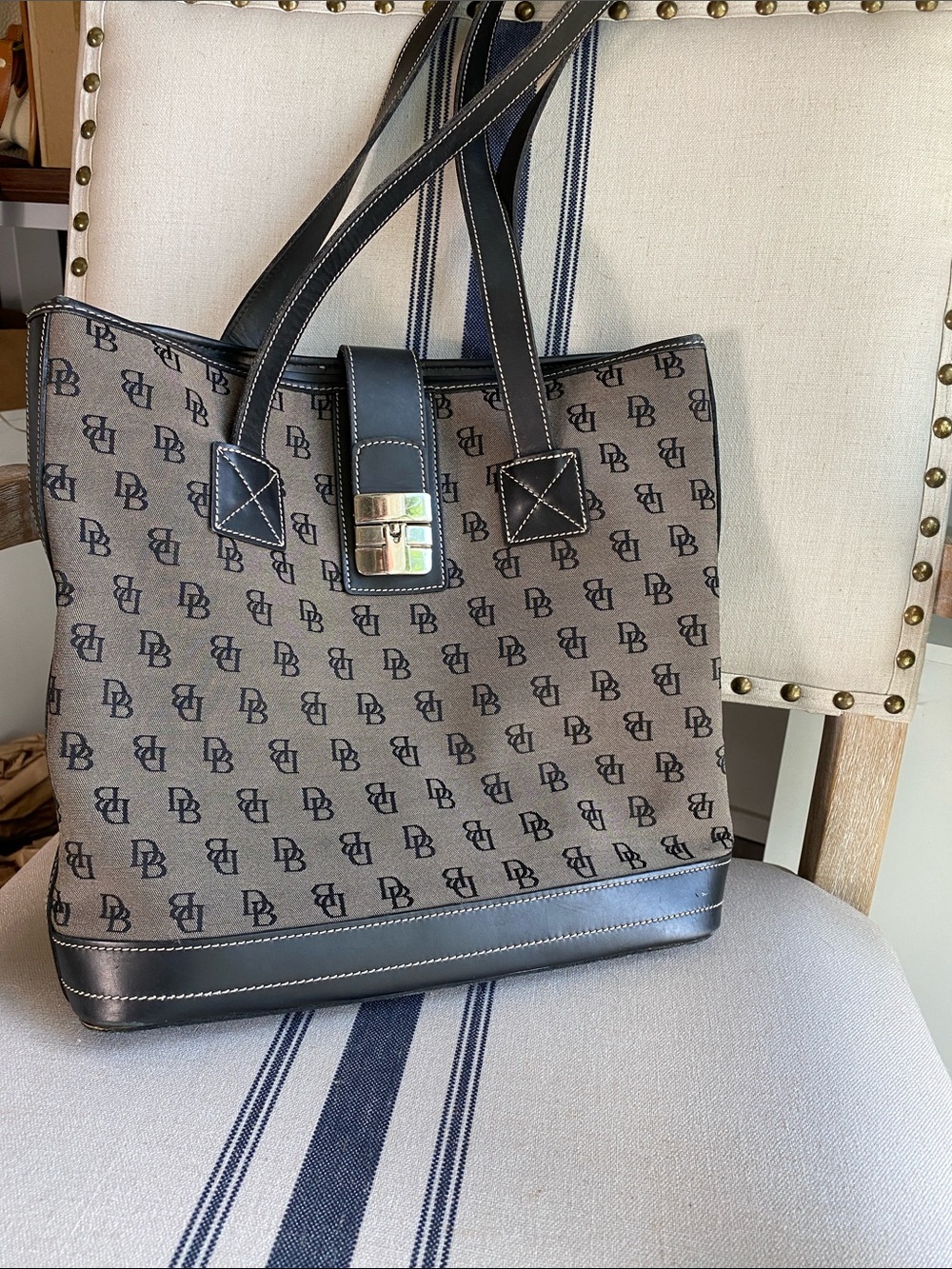 Dooney & Bourke Vintage Grey Canvas Monogram Tote with Black Trim